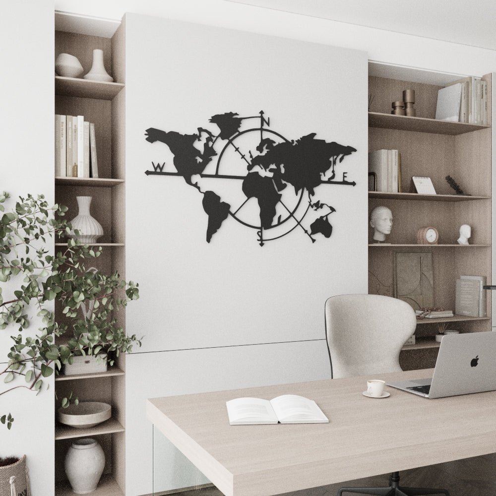 Modern office with a world map wall decoration, desk, and shelves.