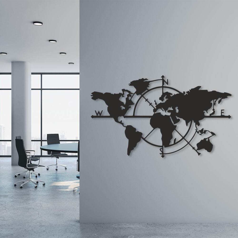 World map wall decoration in a modern office setting