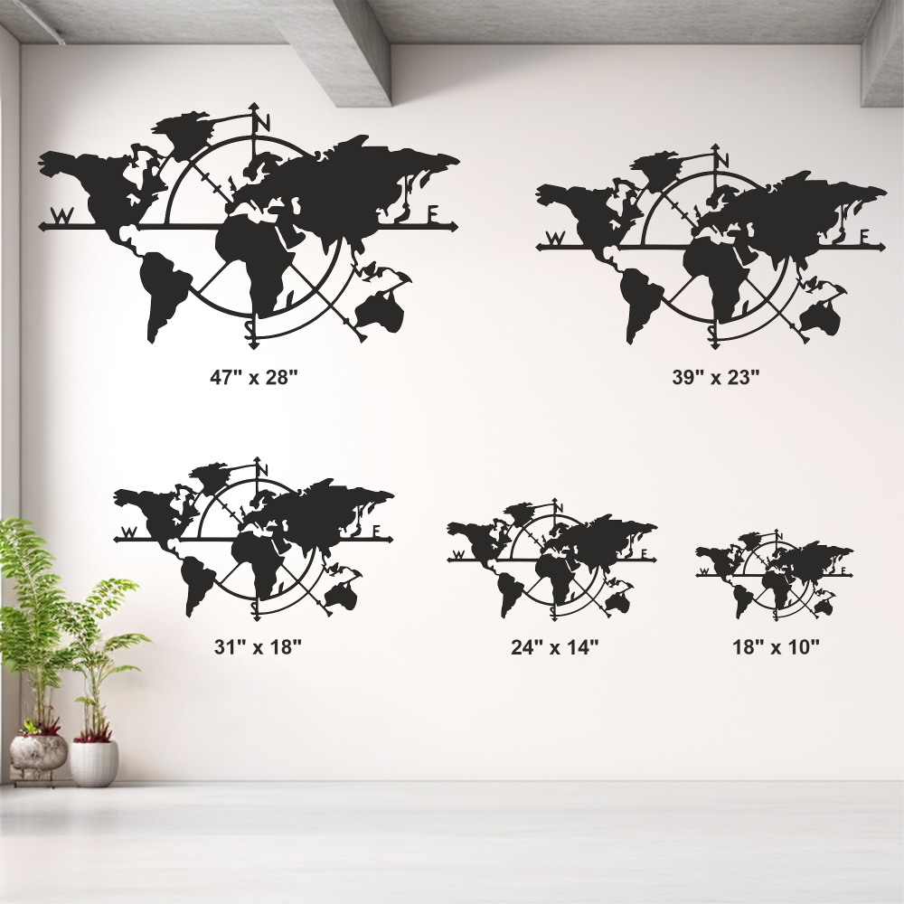 Set of black world map wall decors on a white wall with dimensions displayed.