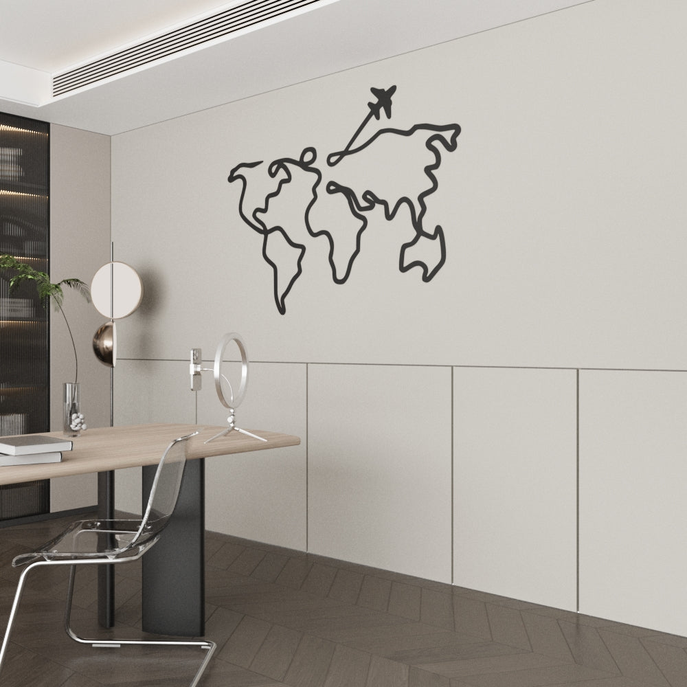 World map wall decal on a modern office wall with a desk and chair.