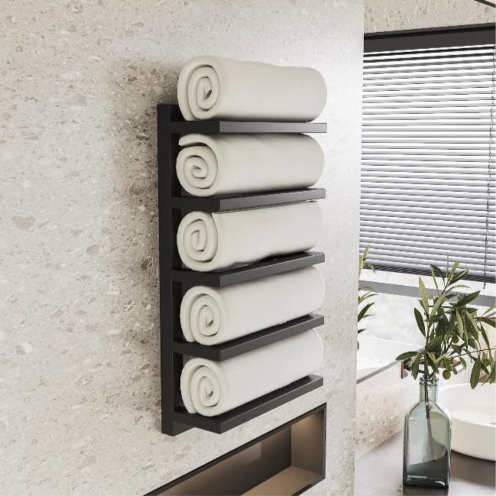 Wall-mounted bath towel rack with rolled towels for organized bathroom storage
