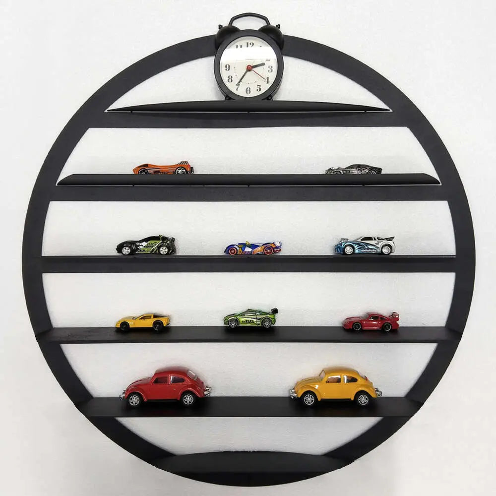 Round metal display shelf for 1/64 model cars with custom nameplate