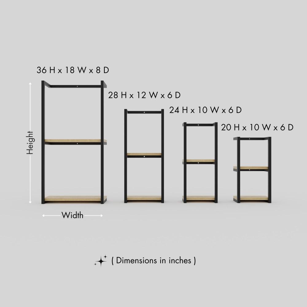 Comparison of four 2-tier bathroom shelf storage units with dimensions in inches: 36H x 18W x 8D, 28H x 12W x 6D, 24H x 10W x 6D, and 20H x 10W x 6D, displayed in a side-by-side view. This diagram is labelled in inches; centimetre values are shown beside the image.