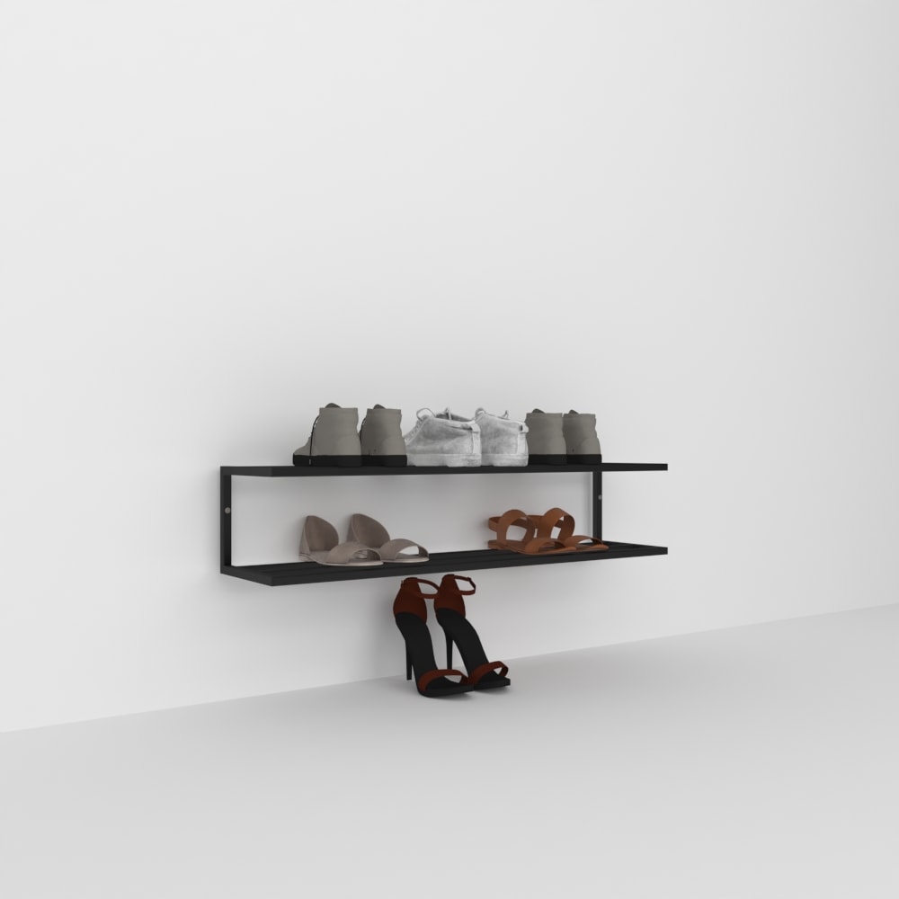 A black wall-mounted 2-tier shoe storage shelf in a minimalist design, featuring casual and formal shoes, photographed against a plain white background for a clean and modern look.