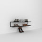 A black wall-mounted 2-tier shoe storage shelf in a minimalist design, featuring casual and formal shoes, photographed against a plain white background for a clean and modern look.