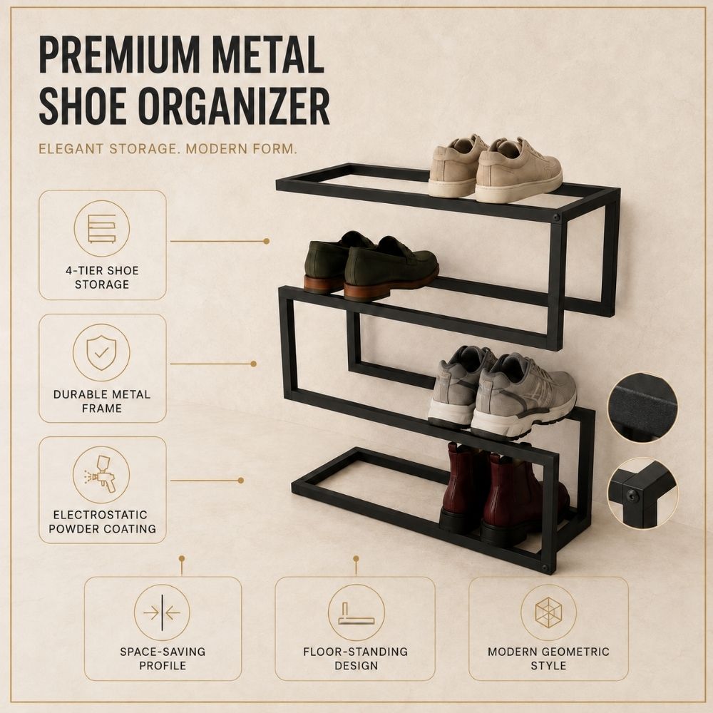 Modern 4-Tier Metal Shoe Rack – Minimalist Entryway Shoe Organizer