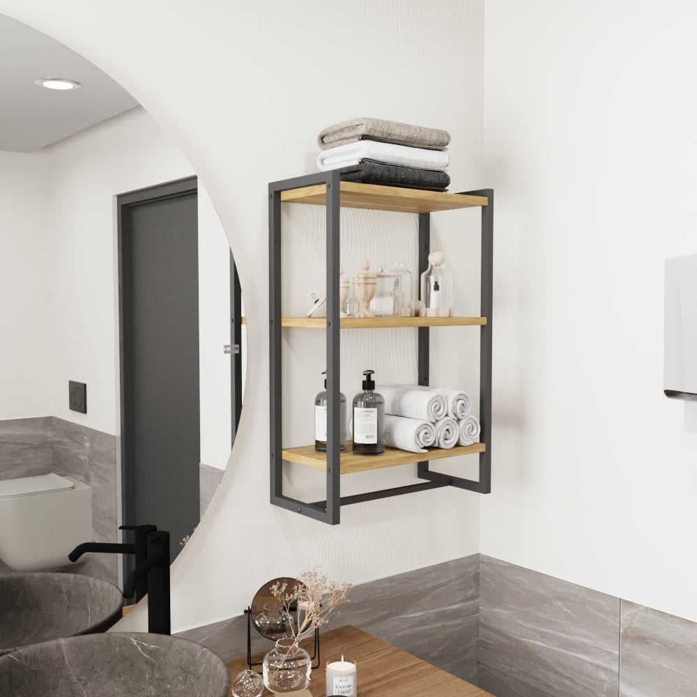 Wall mounted 3-tier bathroom shelf for towels, blankets, and small decor.