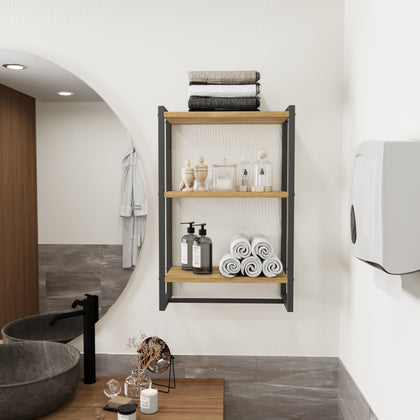 3-tier bathroom shelf and towel holder styled with towels and decorative items.