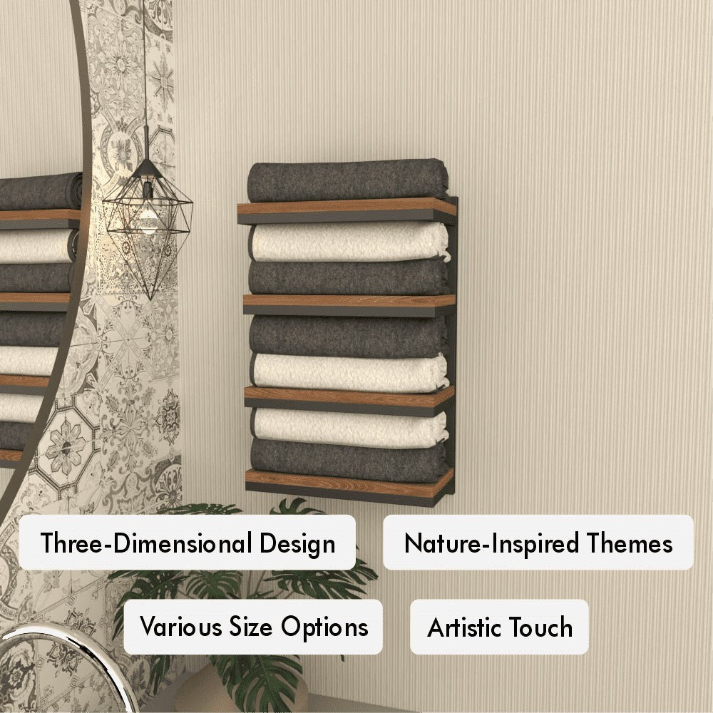 Dimension guide for 4 Tier Towel Stacker and Bathroom Shelf showing product measurements and scale references for comparison.