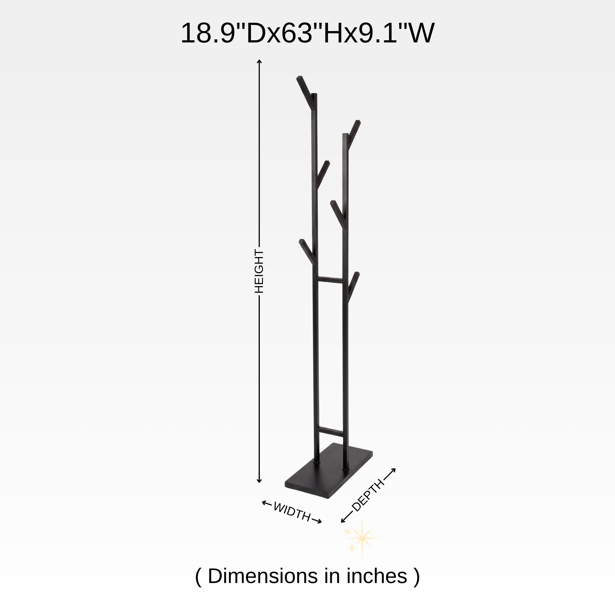 Dimension chart for freestanding coat rack showing 63 inch height, 9.1 inch width, and 18.9 inch depth.
