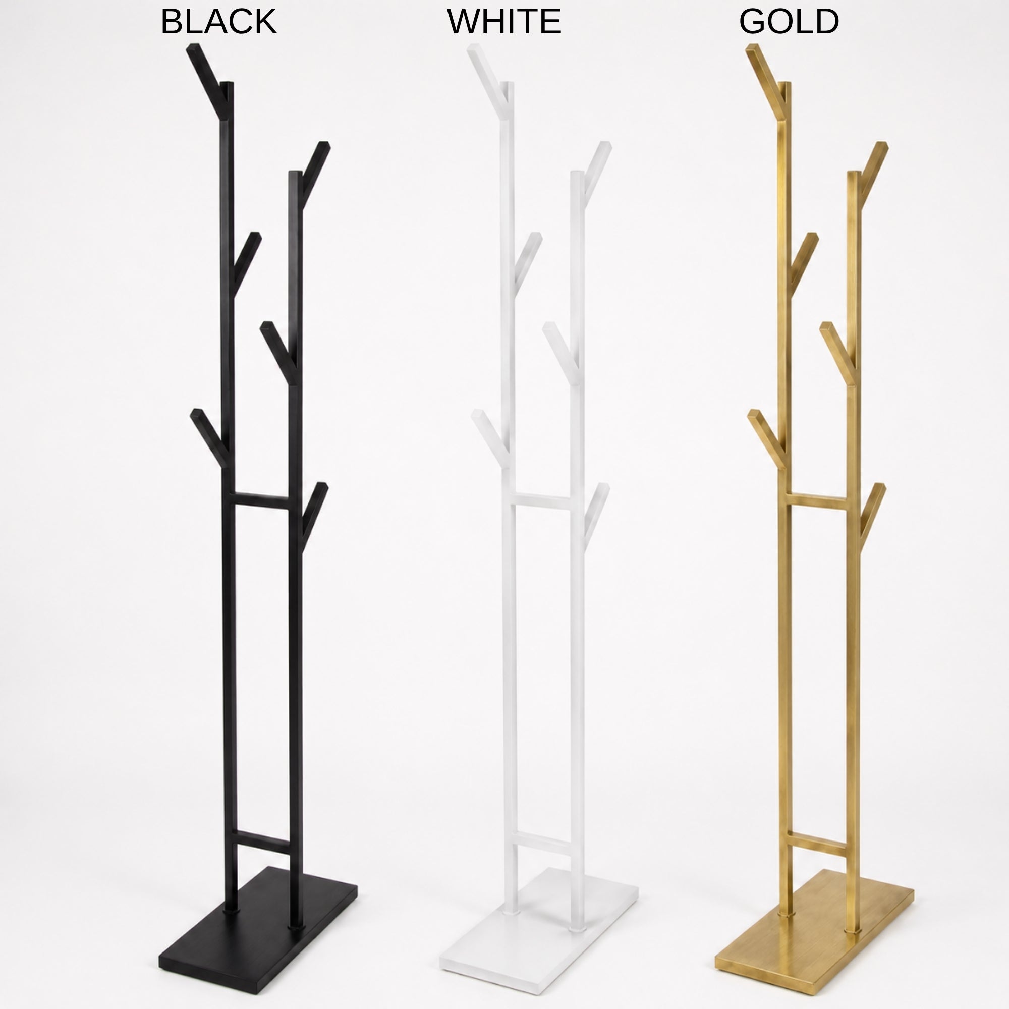 Color comparison image showing Black, White, and Gold finishes for a freestanding metal coat rack.