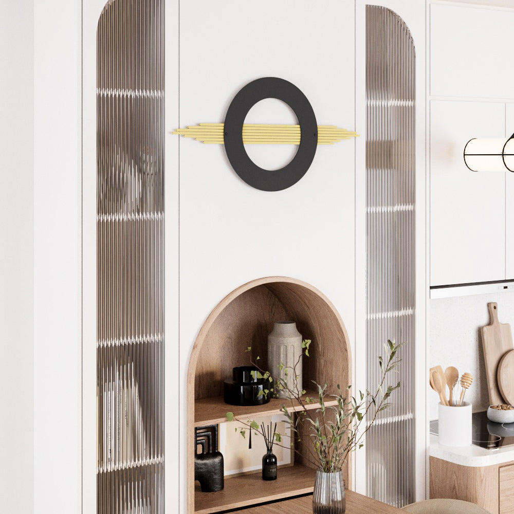 Round black and gold geometric wall art with Art Deco style.
