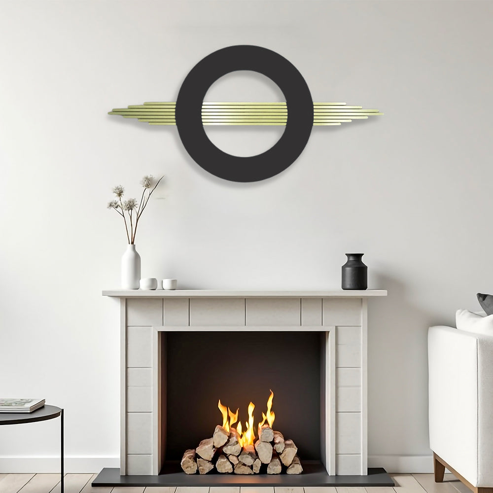 Geometric black and gold metal wall art styled for modern interiors.