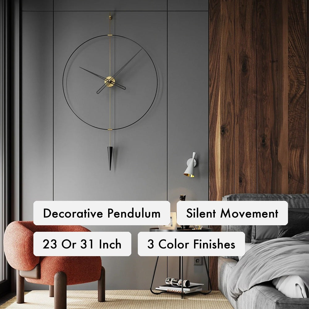 Pendulum Wall Clock key features: silent quartz movement with decorative pendulum, two sizes (60/80 cm), three finishes (Brushed Gold, Black, Brushed Chrome), metal glass face.