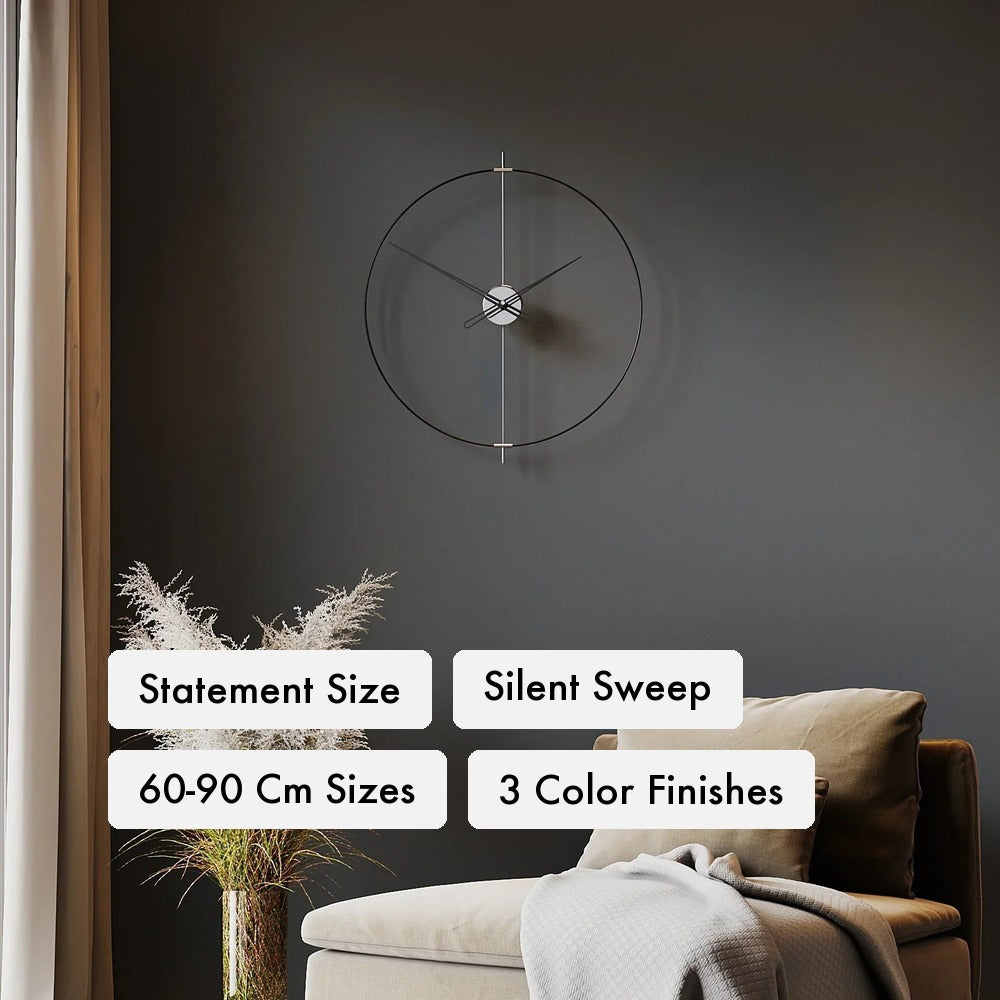 Massive Simple Wall Clock key features: silent sweep quartz movement, three sizes (60/90/110 cm), metal glass face, three finishes (Brushed Chrome, Black, Brushed Gold).