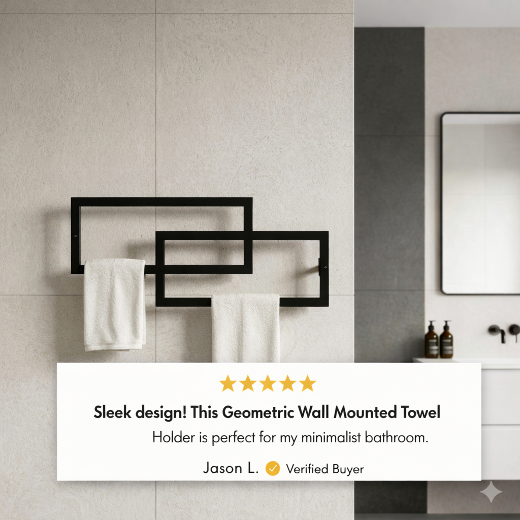 Modern geometric bathroom metal towel rack shown with folded towels.