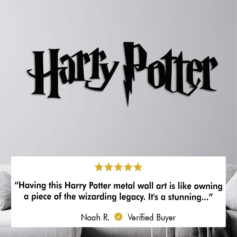 Black Harry Potter-themed metal wall art mounted on a light gray wall in a contemporary interior.