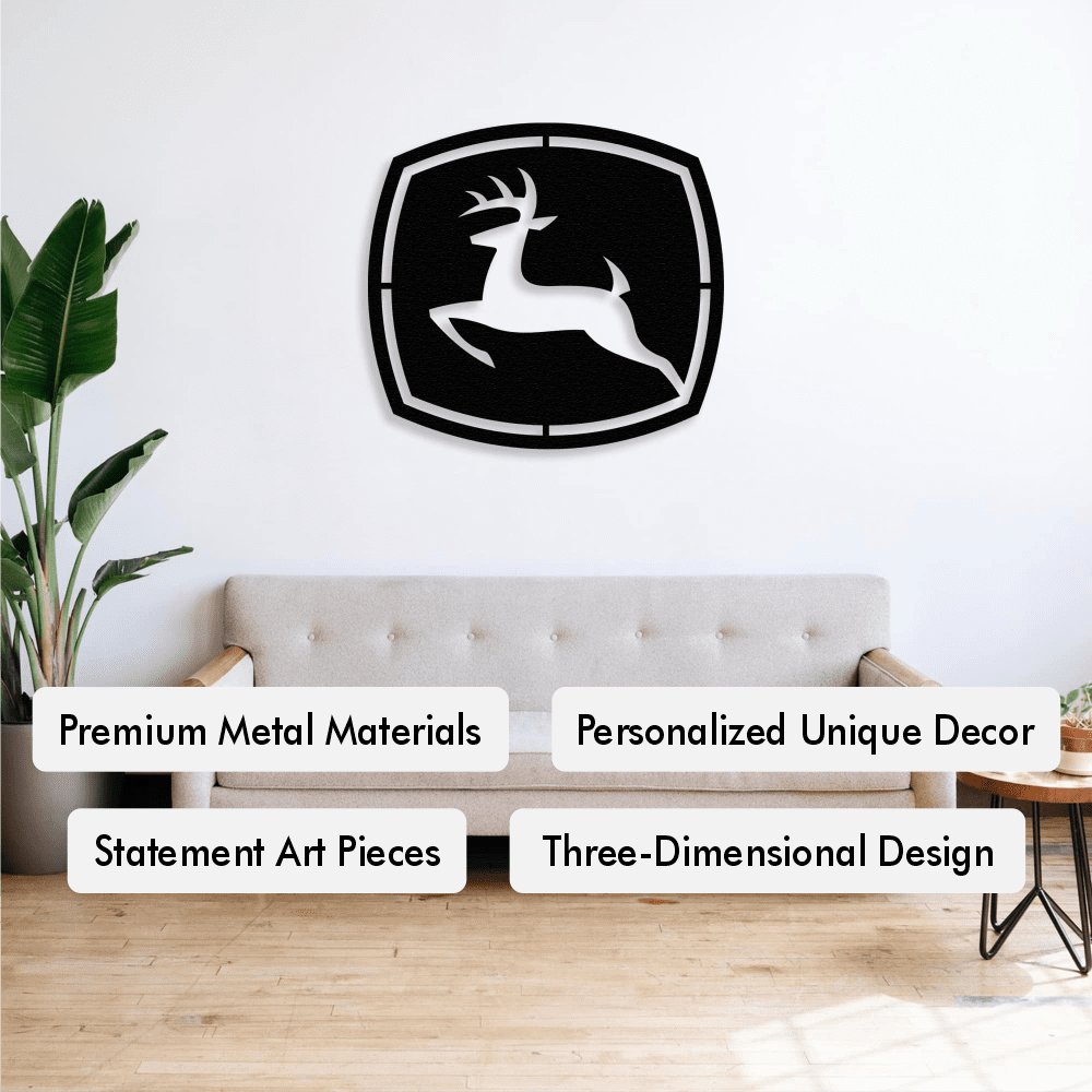 John Deere Deer Logo Metal Wall Art in a garage