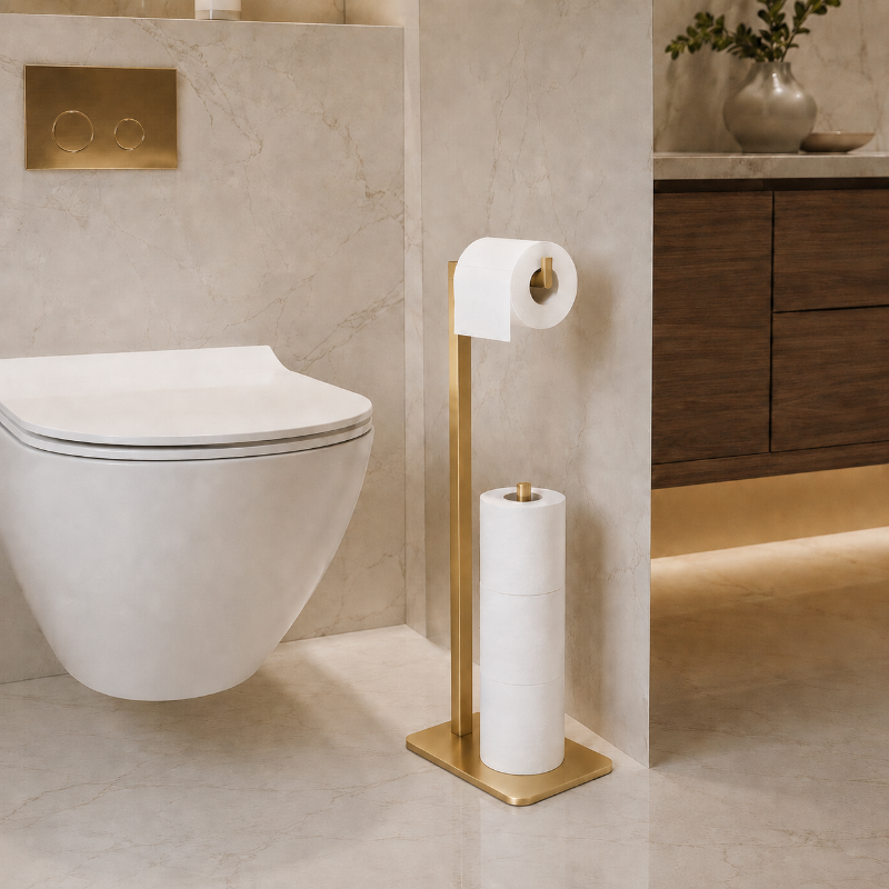 A modern wall-mounted toilet in a luxury bathroom next to a gold brass toilet paper holder stand holding a roll of white toilet paper and a matching paper holder.