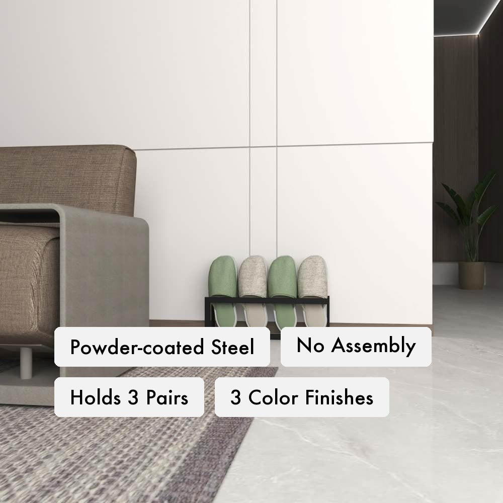 Metal Slippers and Shoe Rack key features: powder-coated steel construction, no assembly, holds 3 slipper pairs, available in three color finishes.
