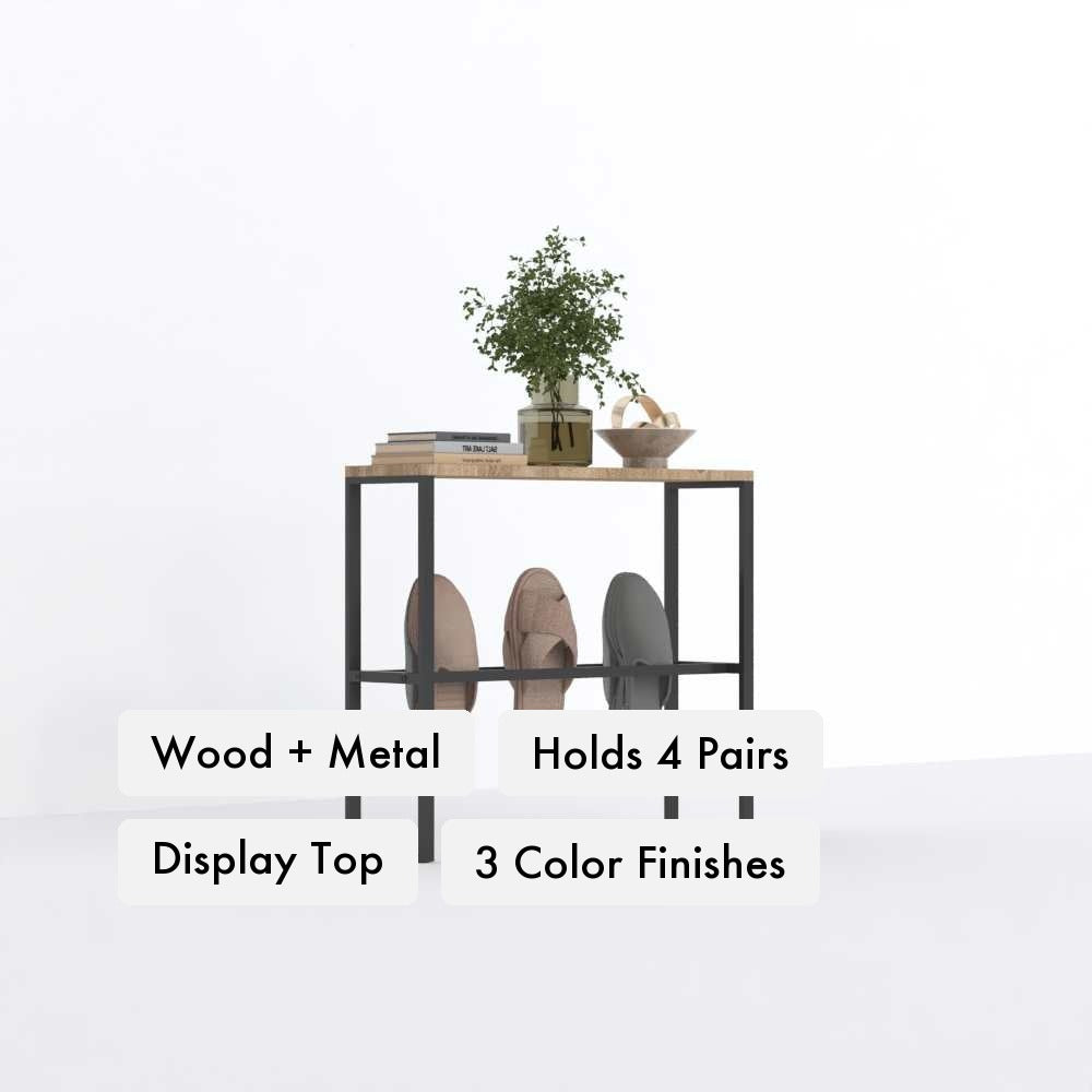 Modern Slipper Rack with Wood Top key features: wood-and-metal construction, holds 4 slipper pairs, top shelf as decor display, three color finishes.