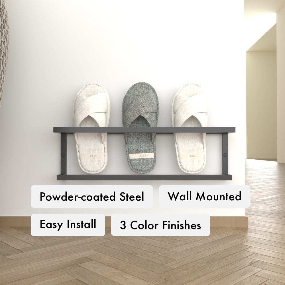 Minimalist Wall Mounted Slipper Rack key features: powder-coated steel, wall-mounted slim profile, easy install with included anchors, three color finishes.