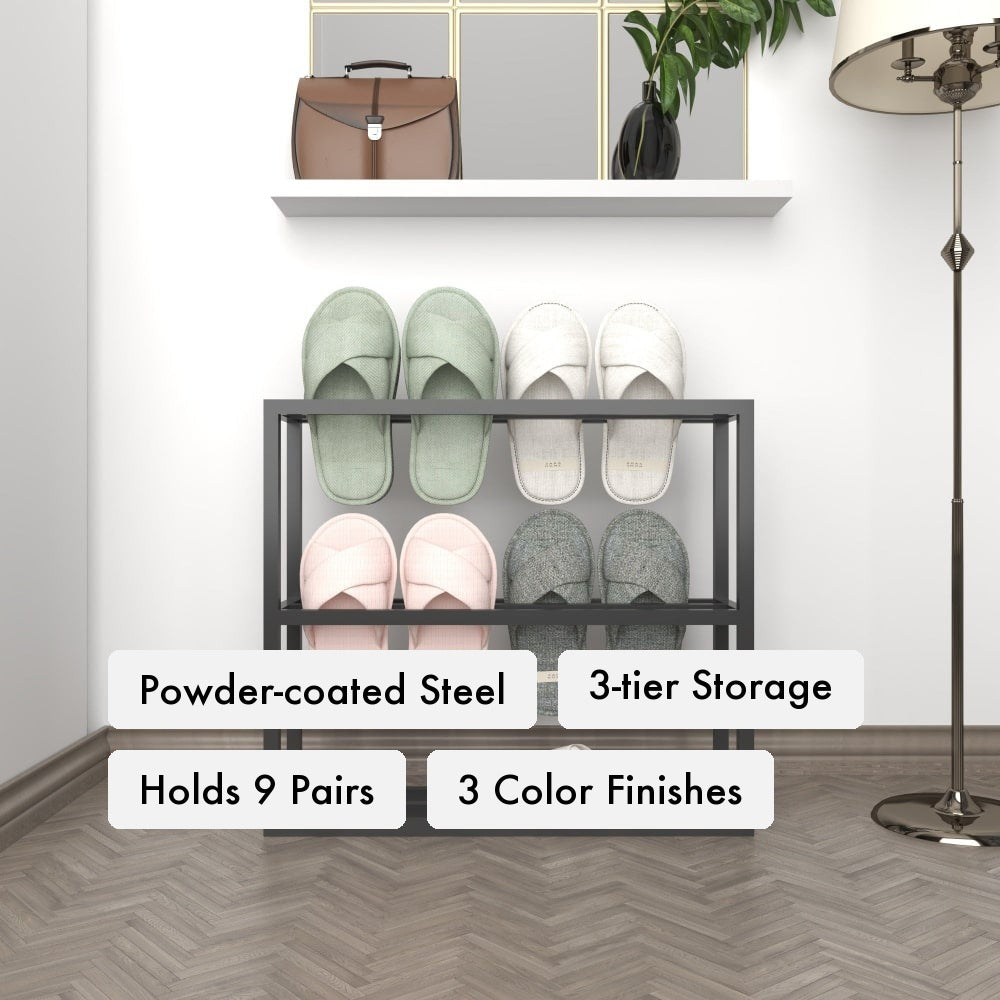 Three Tier Slipper Rack key features: powder-coated steel, 3-tier storage, holds 9 slipper pairs, three color finishes.