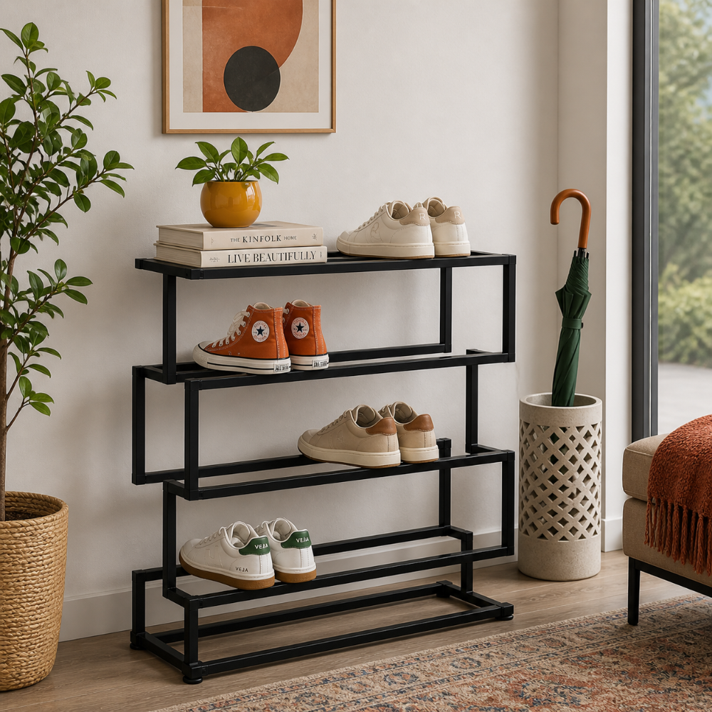Black shoe rack with shoes, books, and a plant in a room with a window and plant.