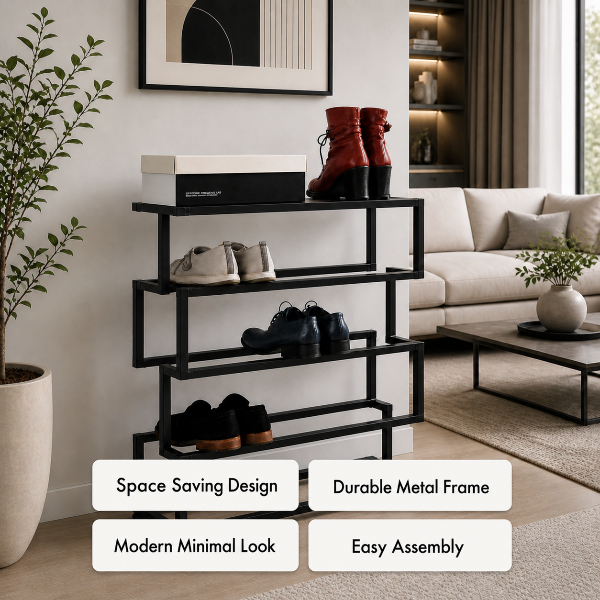 Black metal shoe rack in a living room with shoes on shelves, surrounded by decor elements.