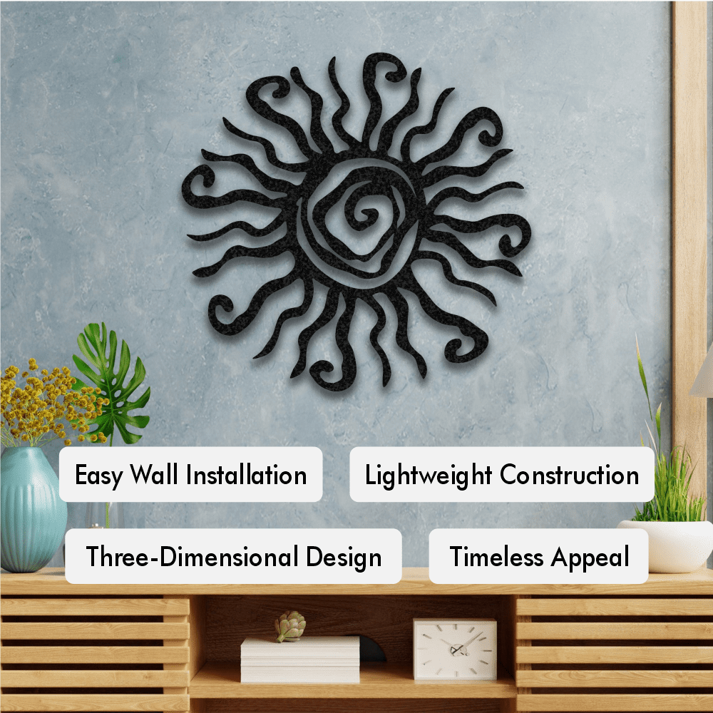 Rustic metal sun wall art with radiating sun design for home decor.