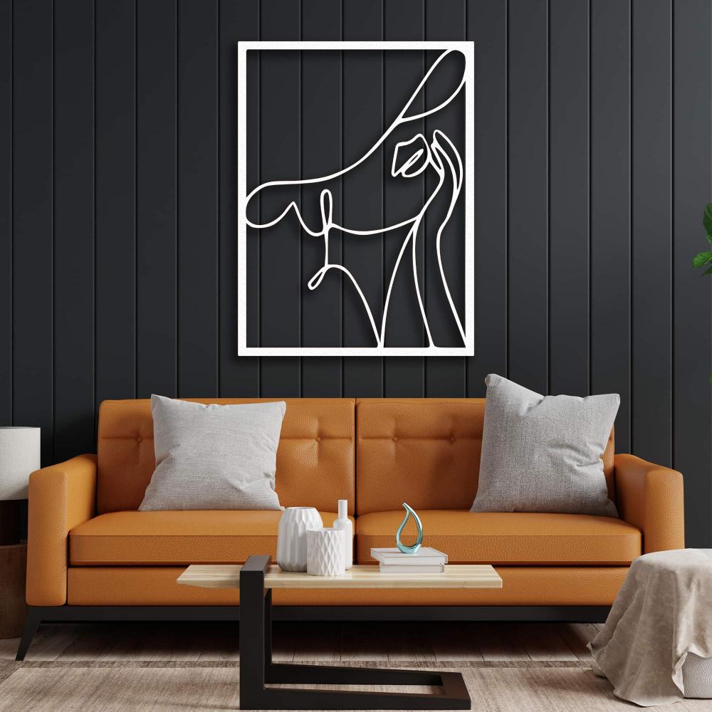 White Abstract Woman with Hat Metal Wall Art in a living room
