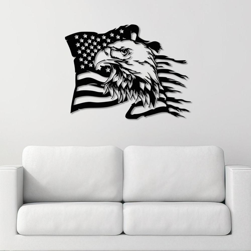 Black Bald Eagle with American Flag Metal Wall Art in a living room