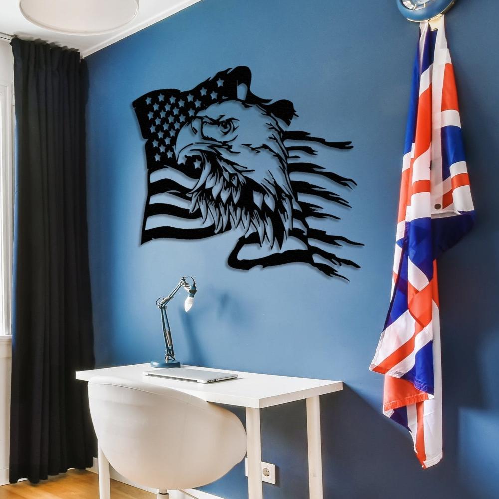 Black Bald Eagle with American Flag Metal Wall Art in an office