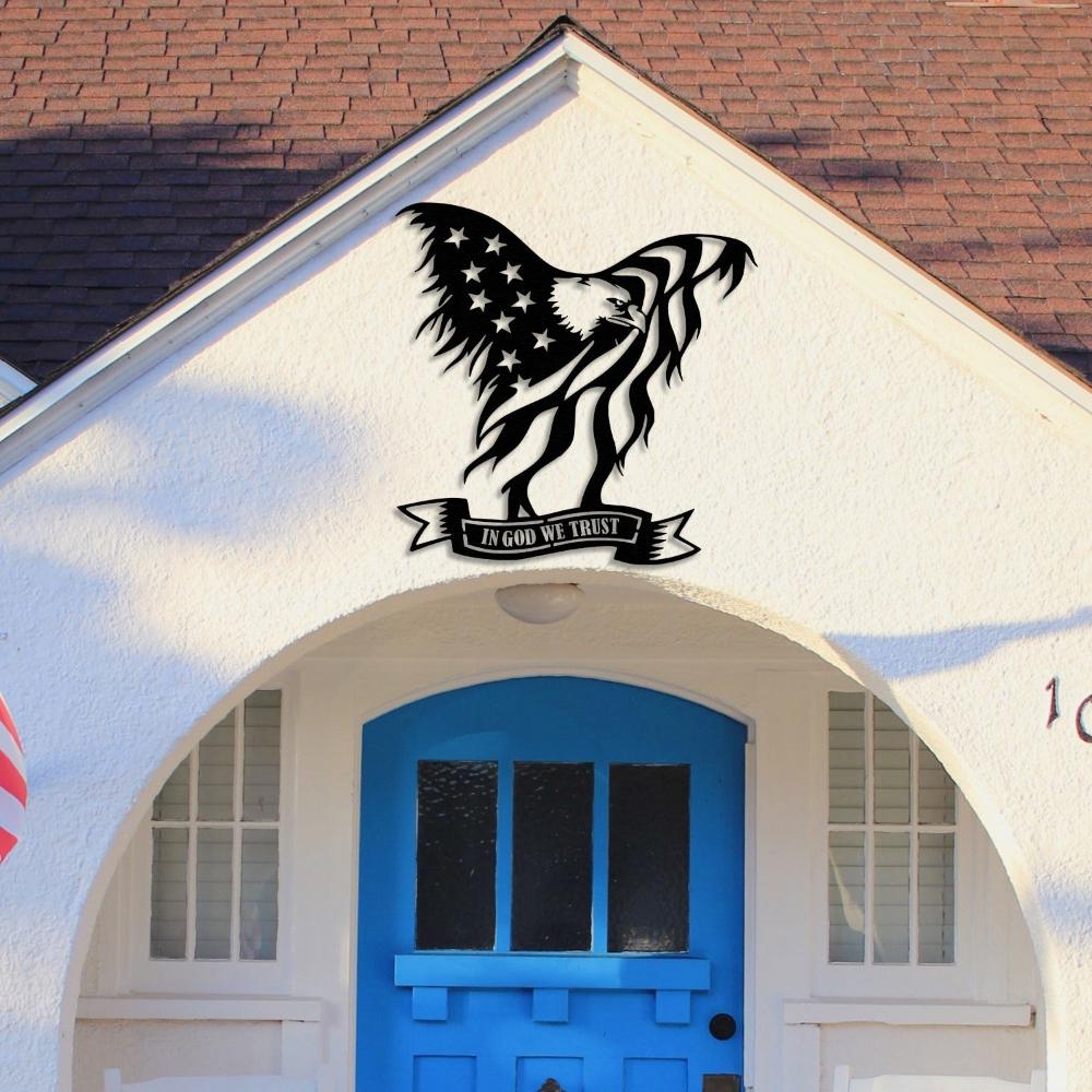 Black Bald Eagle In God We Trust Metal Wall Art in a patio