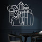  A white minimalist "American Gothic" metal wall art displayed on a dark wall in a modern dining room, emphasizing the contrast between the artwork and the dark background.