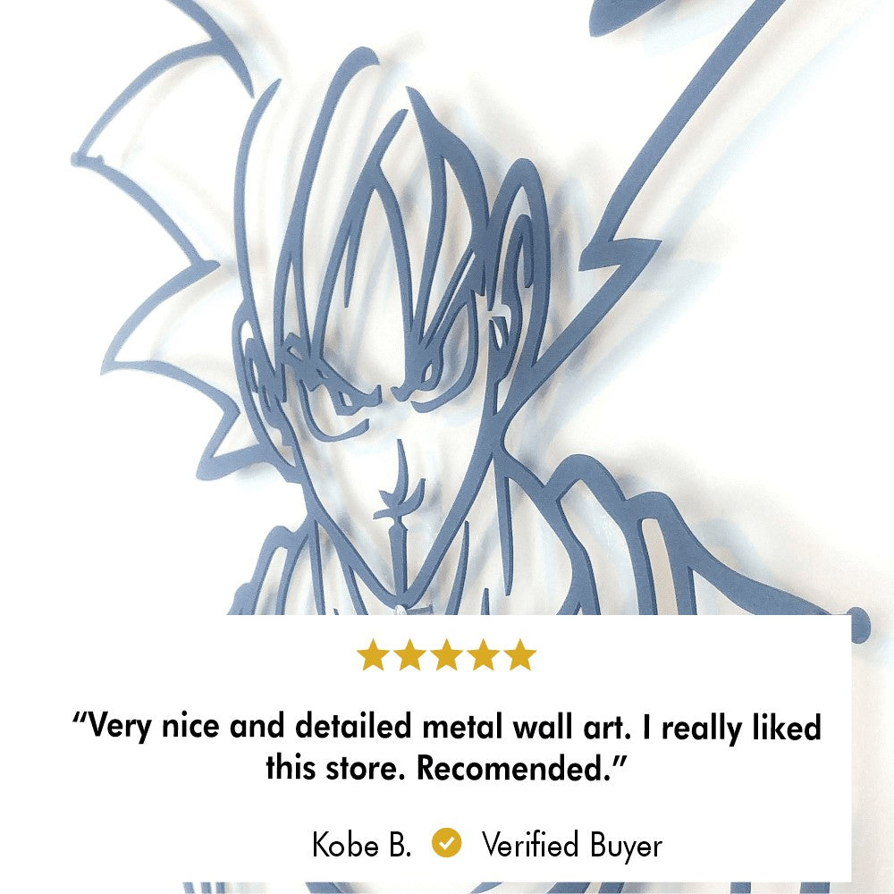 A close-up of anime-inspired metal wall art showing the sharp, laser-cut detailed lines.