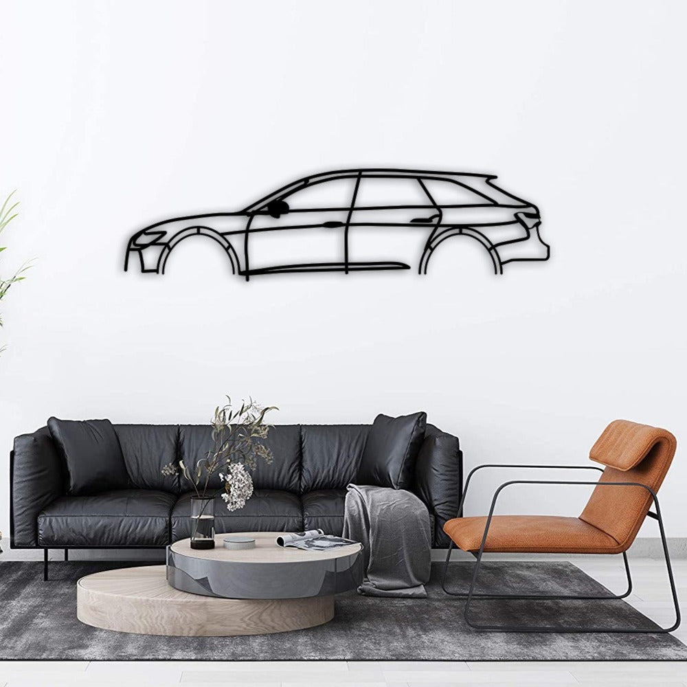 Audi RS6 car silhouette metal wall art displayed in a living room.