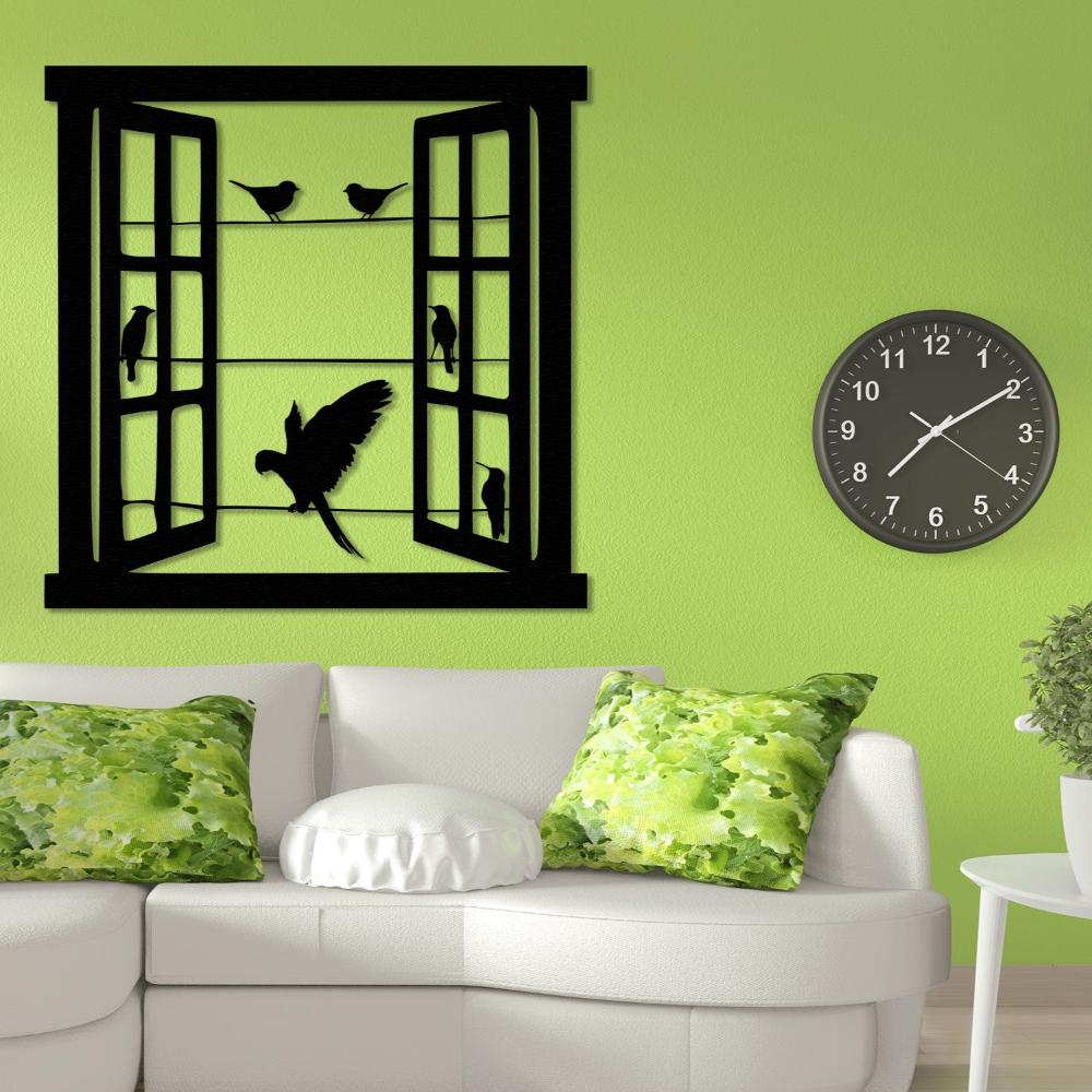 Black Open Window with Birds Metal Wall Art in a living room