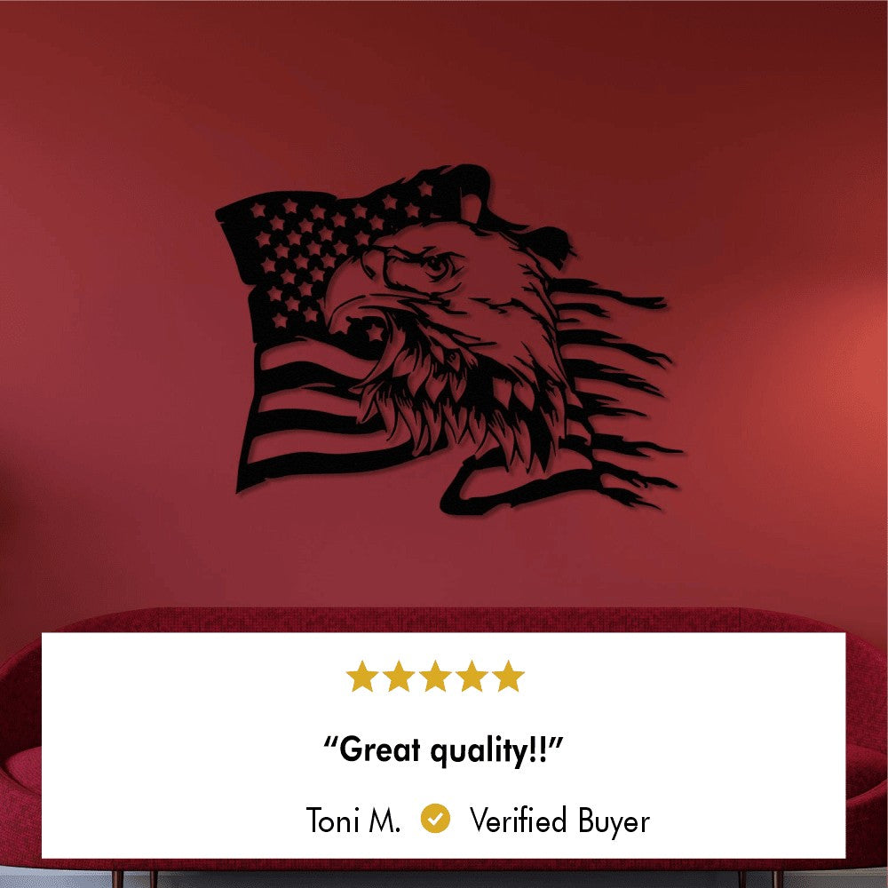 Bald Eagle Holding American Flag Wall Art laser-cut metal wall art displayed in a lifestyle interior setting.