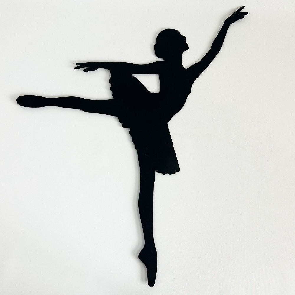 Black ballerina metal wall art displayed on a white background, showing the dancer silhouette and laser-cut details.