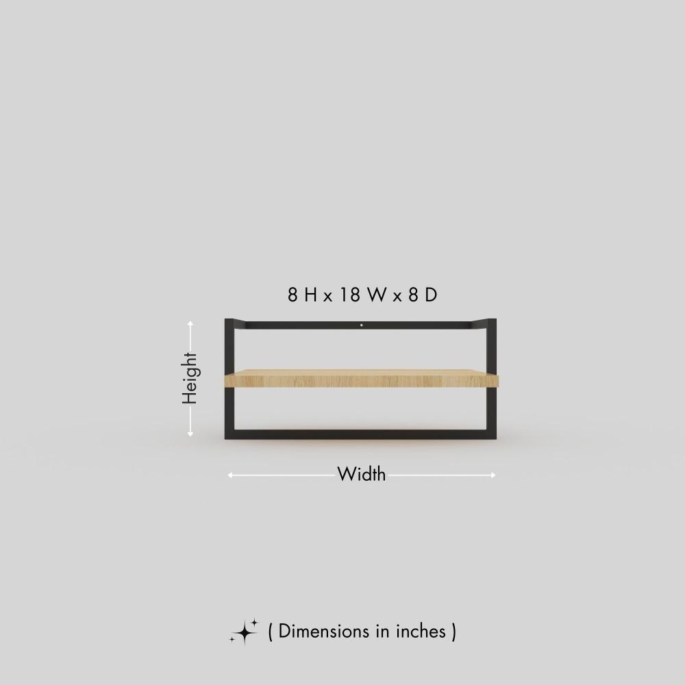 A diagram showcasing the dimensions of a wooden and black metal bathroom shelf, measuring 8 inches in height, 18 inches in width, and 8 inches in depth.. This diagram is labelled in inches; centimetre values are shown beside the image.