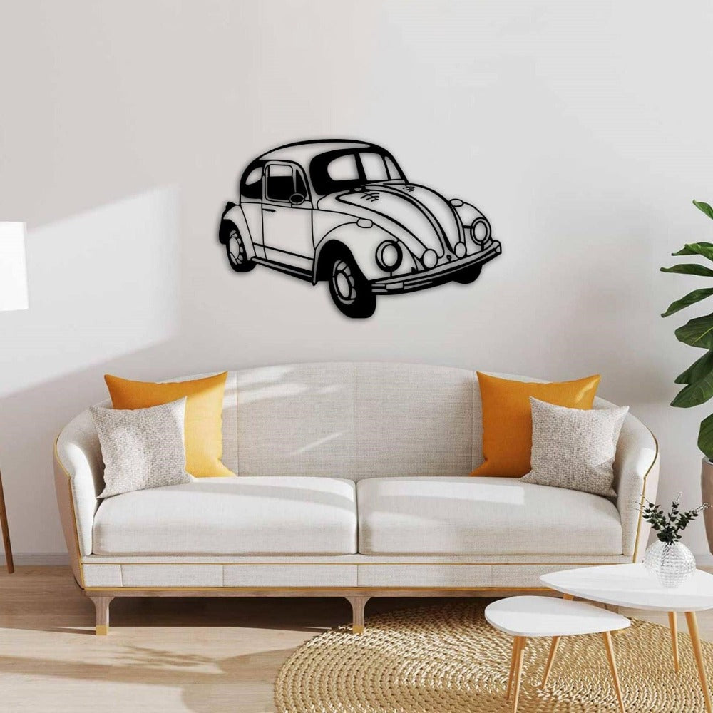 Beetle Car Silhouette Metal Wall Art in a living room