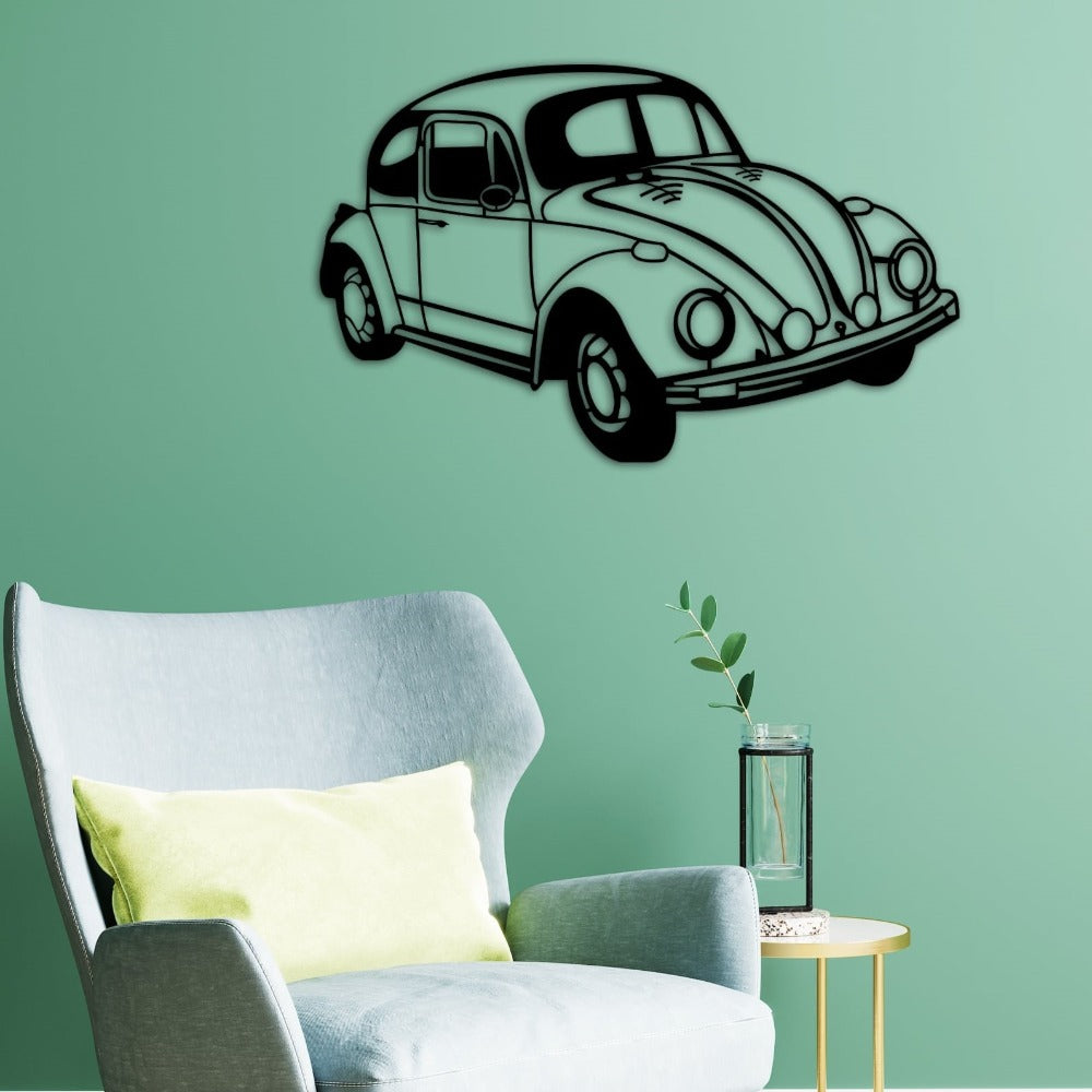 White Beetle Car Silhouette Metal Wall Art in a living room