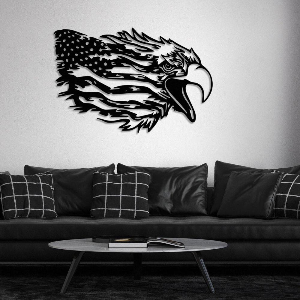 Black American Bald Eagle US Flag Metal Wall Art in a living room