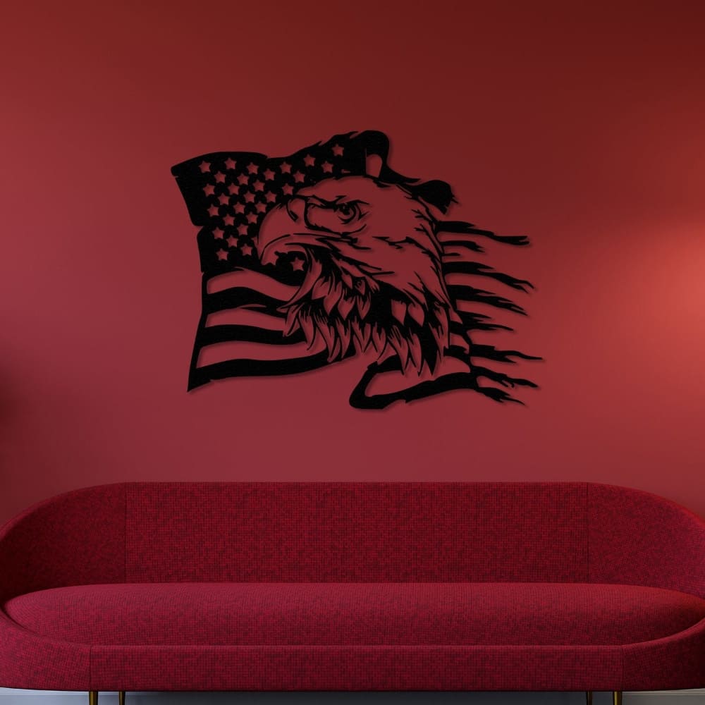 Black Bald Eagle with American Flag Metal Wall Art in a living room