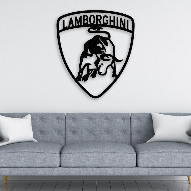 Lamborghini Logo Custom Car Metal Wall Art in Black Powder-Coated Steel