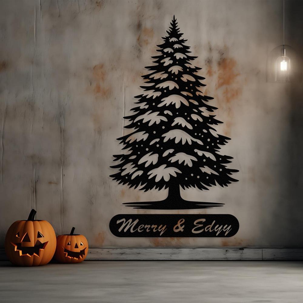 Black metal Christmas tree with custom text in a sleek powder-coat finish, laser-cut from galvanized steel.