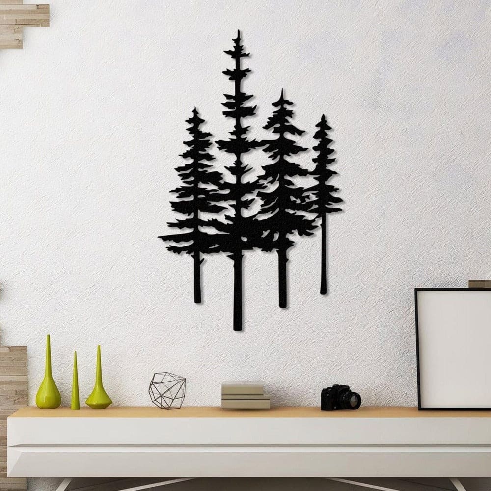 Black Pine Trees Metal Wall Art in a living room