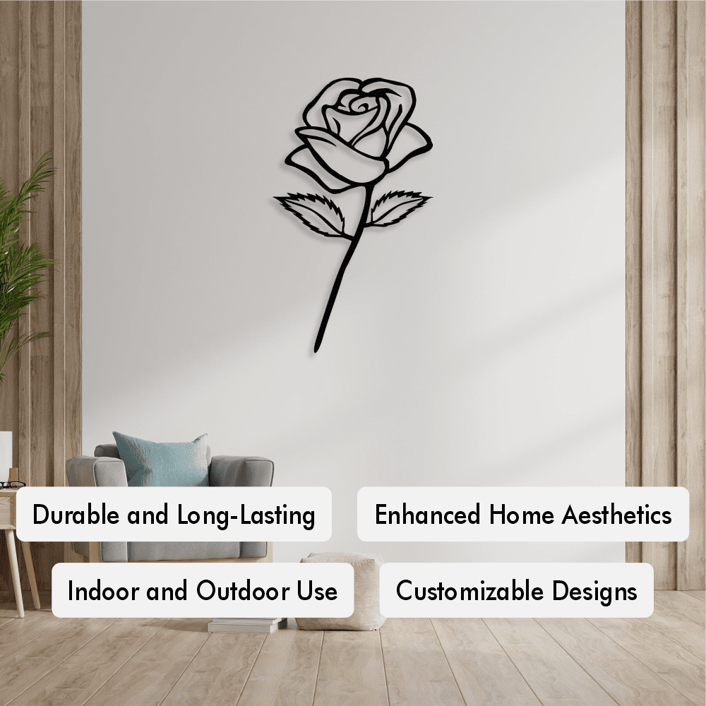 Close-up of black Rose Stem Metal Wall Art details
