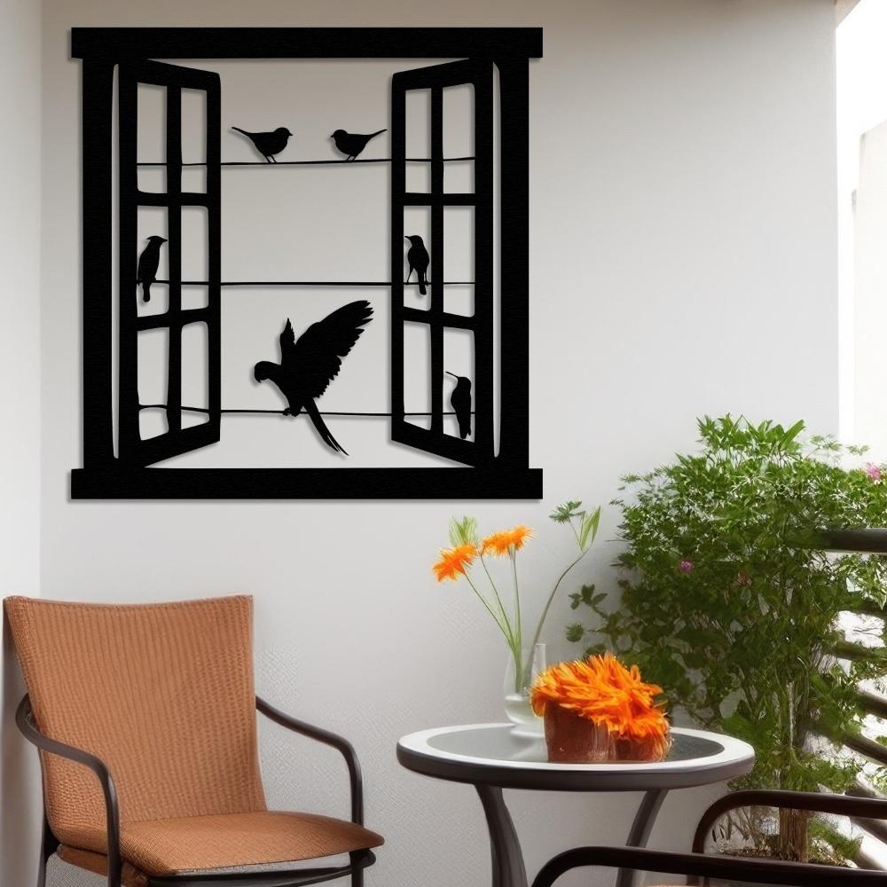 Black Open Window Bird Silhouette Metal Wall Art in a patio